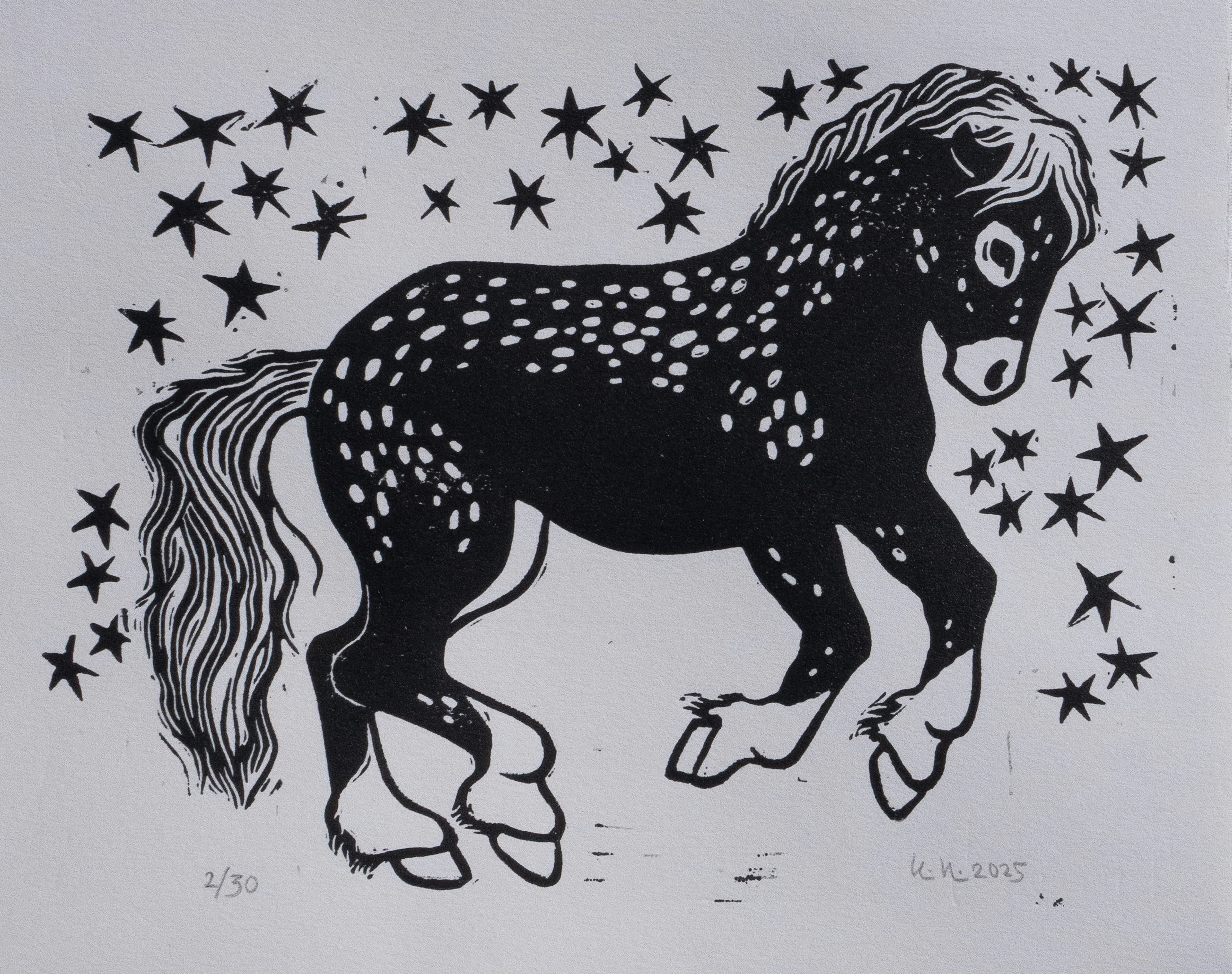 A black appaloosa horse with white spots, surrounded by black stars, on pearl grey paper. Title: Appalosa 2